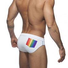 Load image into Gallery viewer, Pride Month Edition Swim Trunks with Rainbow Flag Speedos white