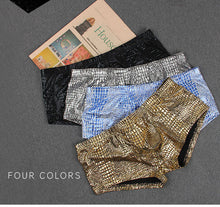 Load image into Gallery viewer, Sheen Holographic Swimsuit Hipster Trunks for men metallic gold
