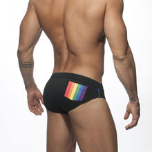 Load image into Gallery viewer, Pride Month Edition Swim Trunks with Rainbow Flag Speedos black