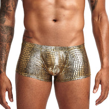 Load image into Gallery viewer, Sheen Holographic Swimsuit Hipster Trunks for men metallic gold